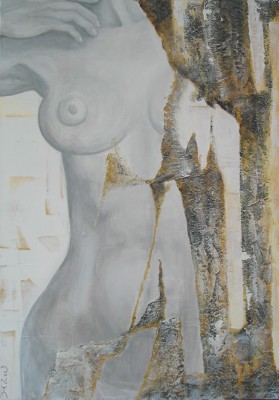 Acrylbild einer weiblichen Figut vor weissen und grauen Strukturen, inspiriert von der Sage der Galtheas